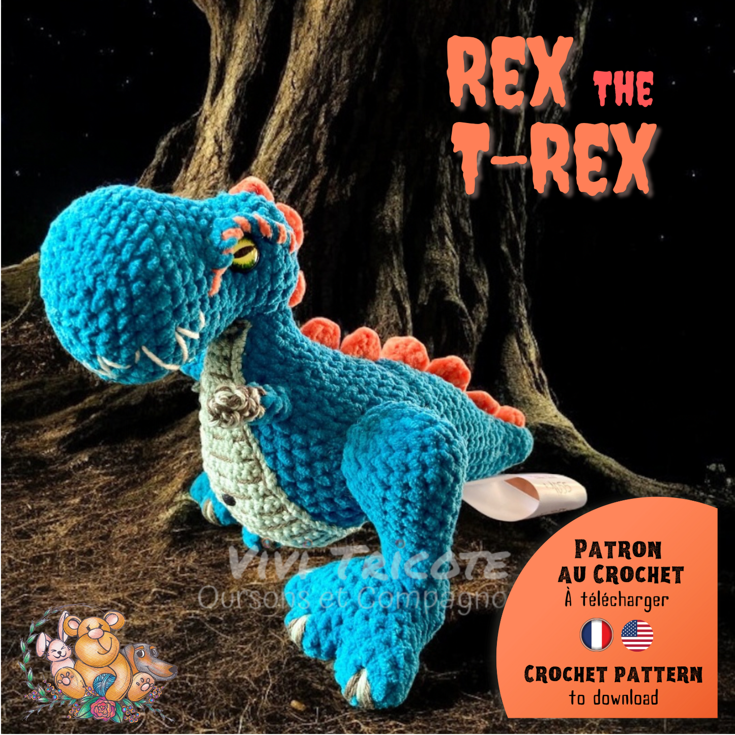 Rex Le T-Rex, crochet boss to download, French and English PDF