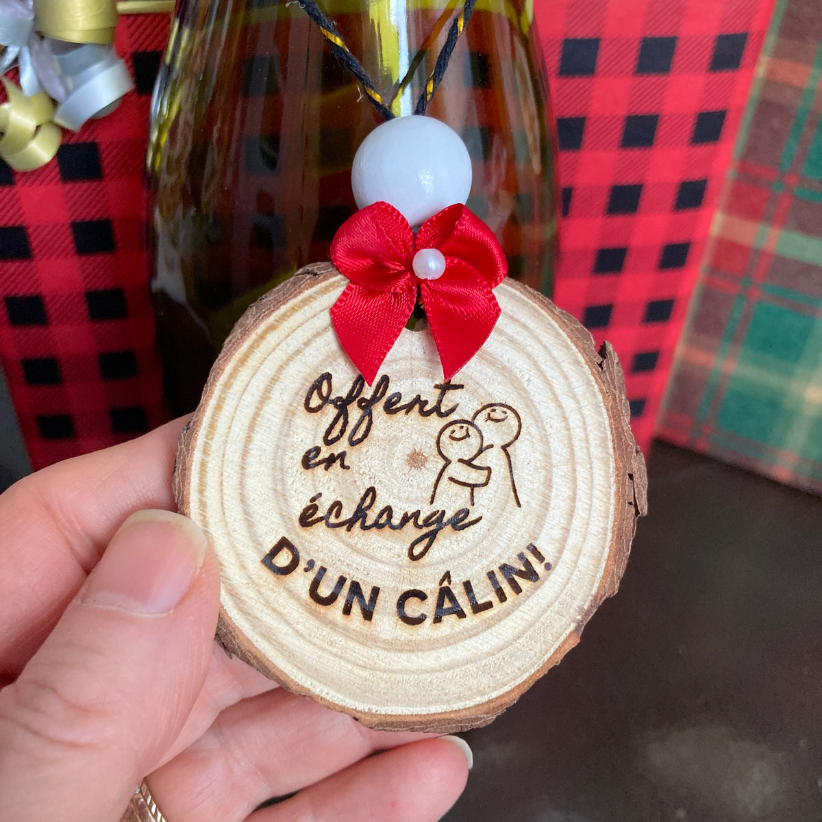 OFFERED IN EXCHANGE FOR A HUG - WOODEN LOG ORNAMENT (5-6 cm)