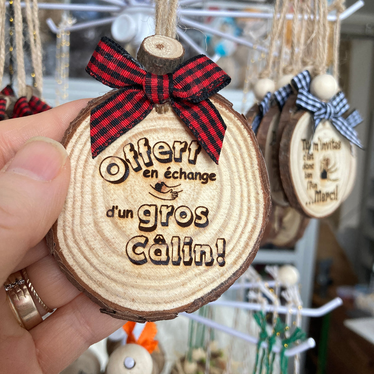 OFFERED IN EXCHANGE FOR A BIG HUG - WOODEN LOG ORNAMENT (5-6 cm)
