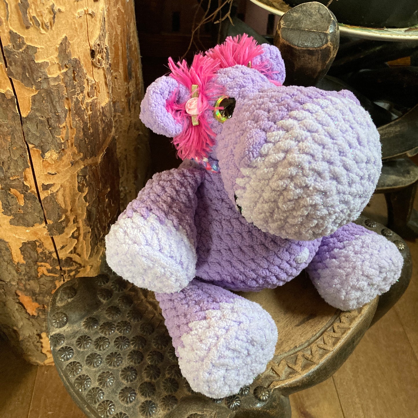 VIOLETTE THE LILAC HIPPO with yellow/green eyes, Can be personalized as a BIRTH PLUSHIES