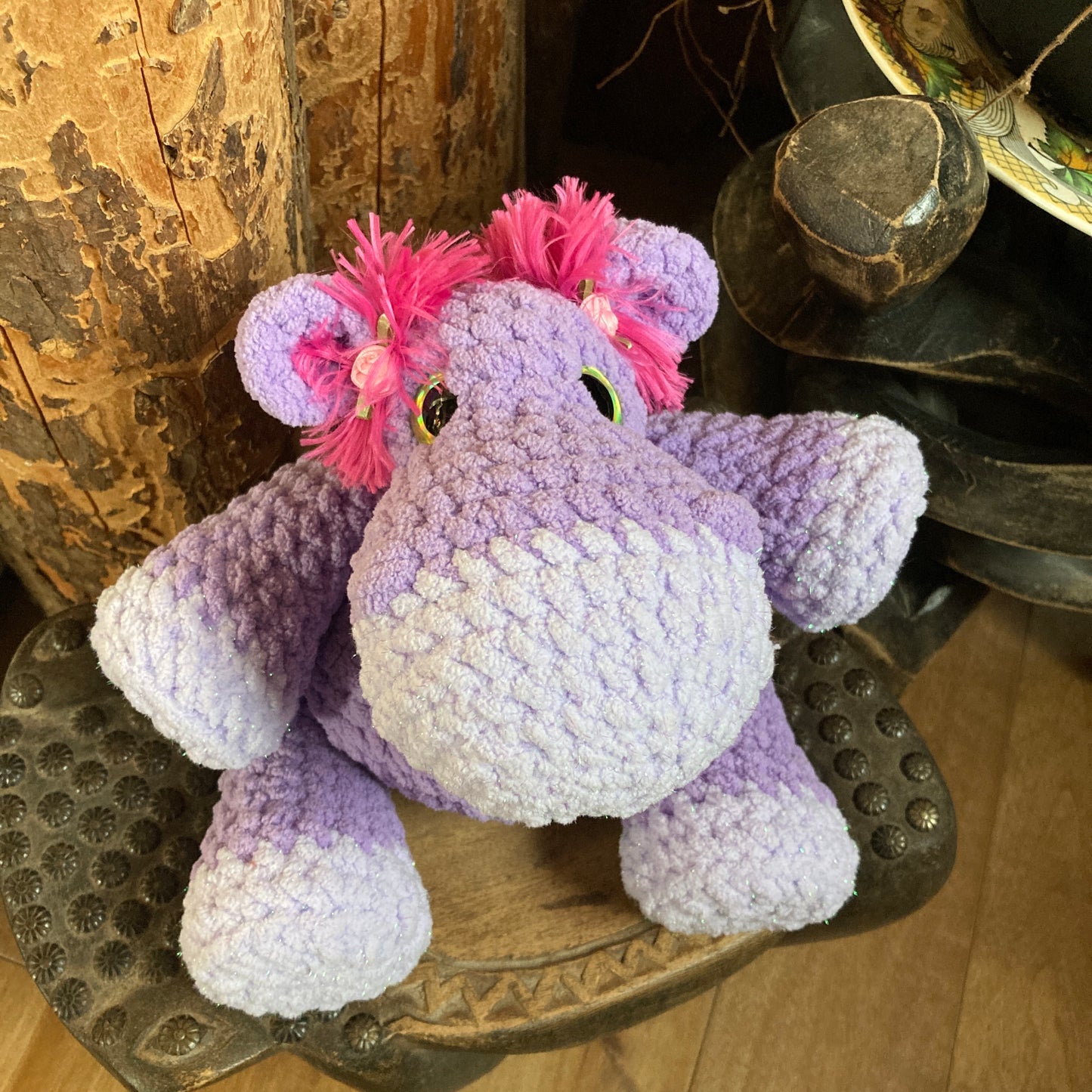 VIOLETTE THE LILAC HIPPO with yellow/green eyes, Can be personalized as a BIRTH PLUSHIES