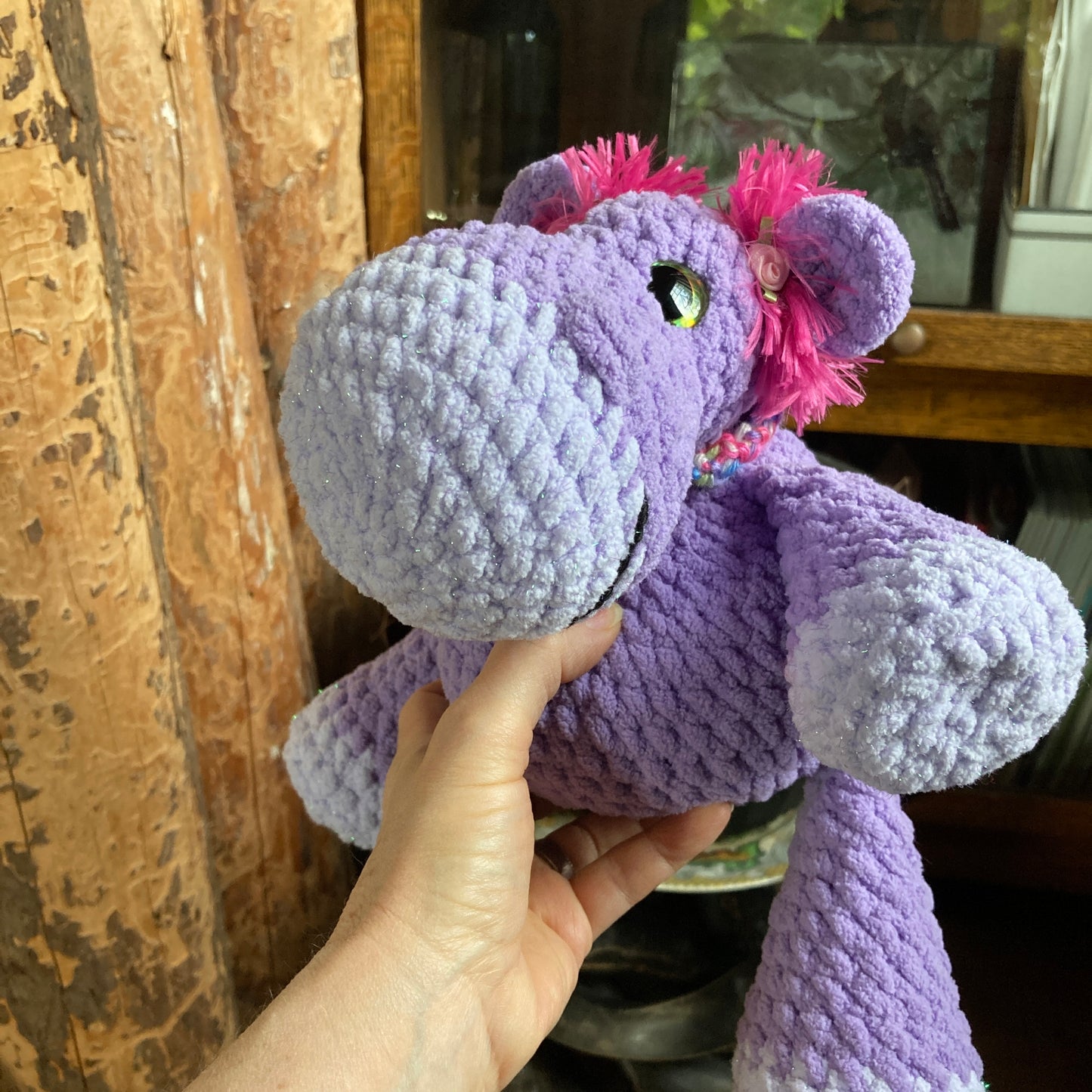 VIOLETTE THE LILAC HIPPO with yellow/green eyes, Can be personalized as a BIRTH PLUSHIES