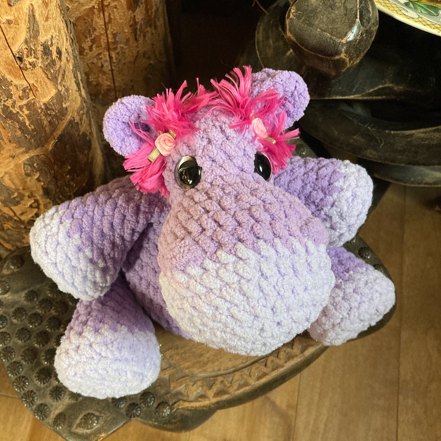 VIOLETTE THE LILAC HIPPO with yellow/green eyes, Can be personalized as a BIRTH PLUSHIES