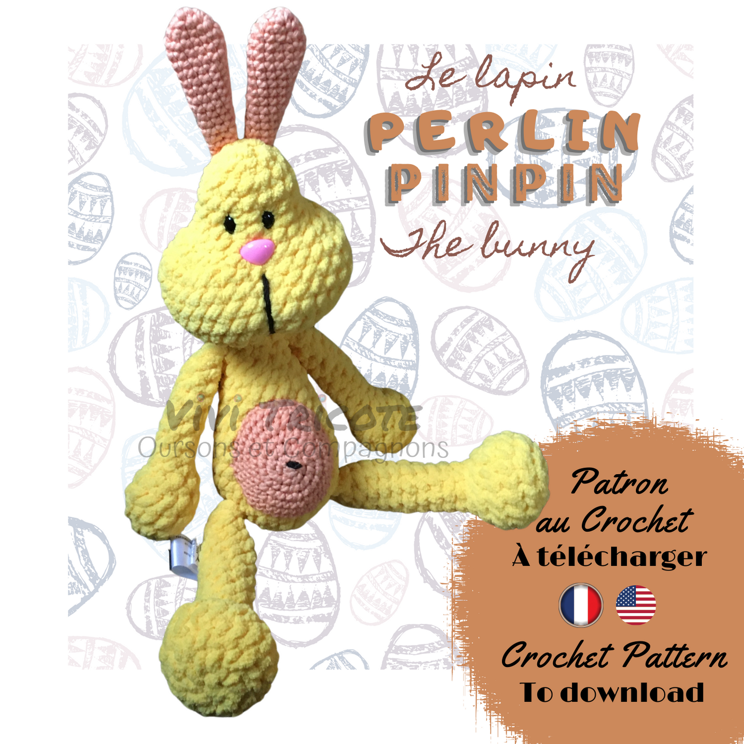 Lapin PERLIN PINPIN, Patron au crochet à télécharger, PDF Français et Anglais