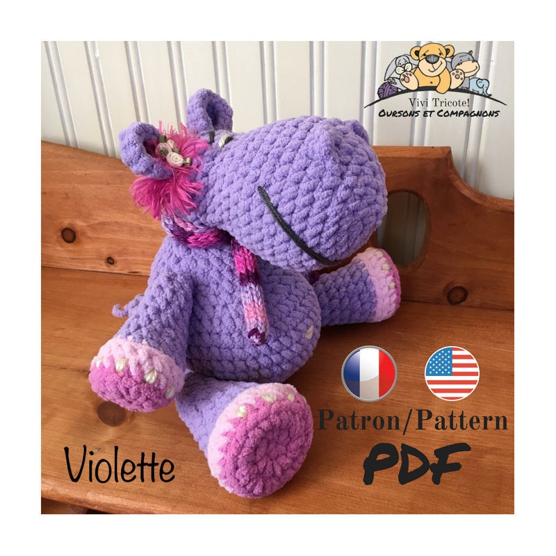 VIOLETTE l’hippopotame, Patron au crochet à télécharger, PDF français et anglais