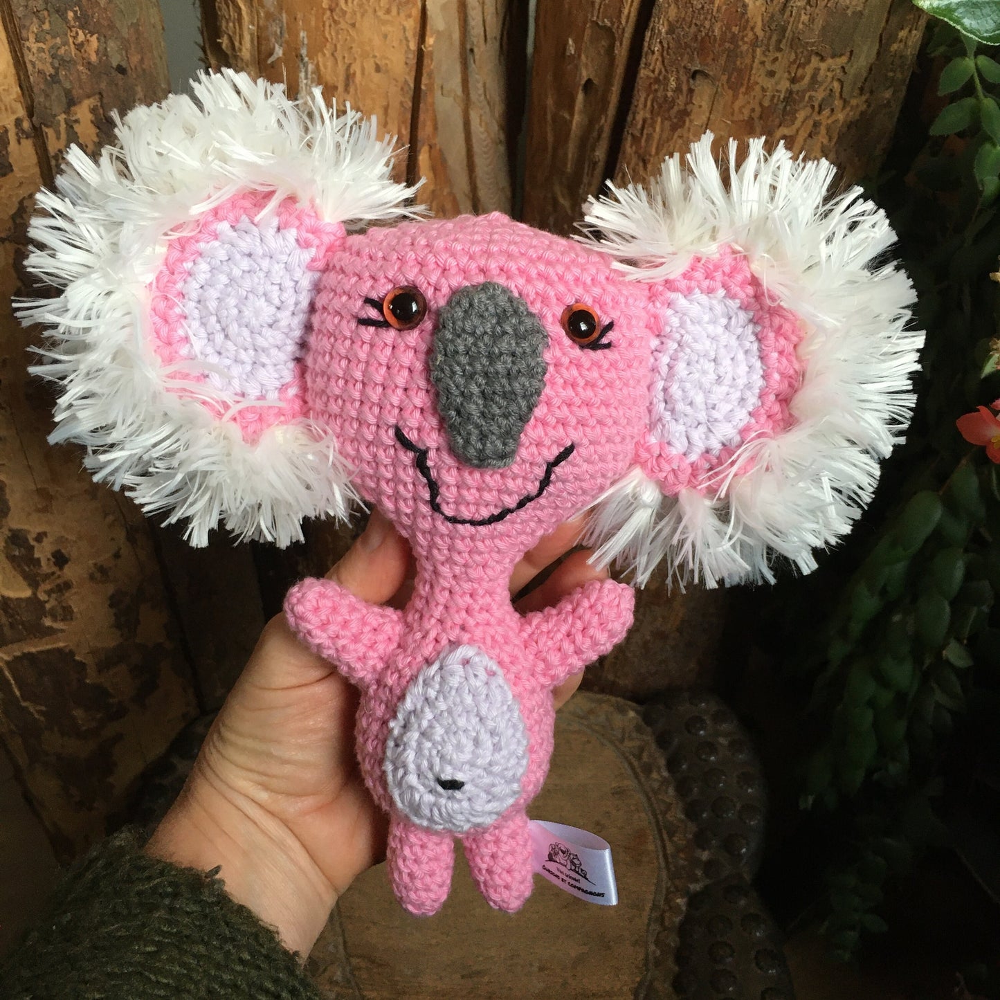 Ready to leave, koala plush in joyful mood, pink koala and lilac made of organic cotton