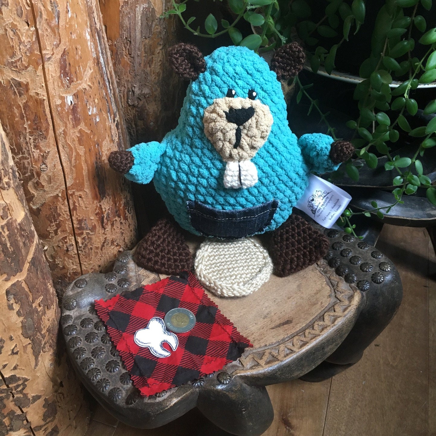 TIMÉO THE BABY BEAVER turquoise, beige and chocolate.  Tooth fairy friend, plush amigurumi stuffed animal from the boreal forest