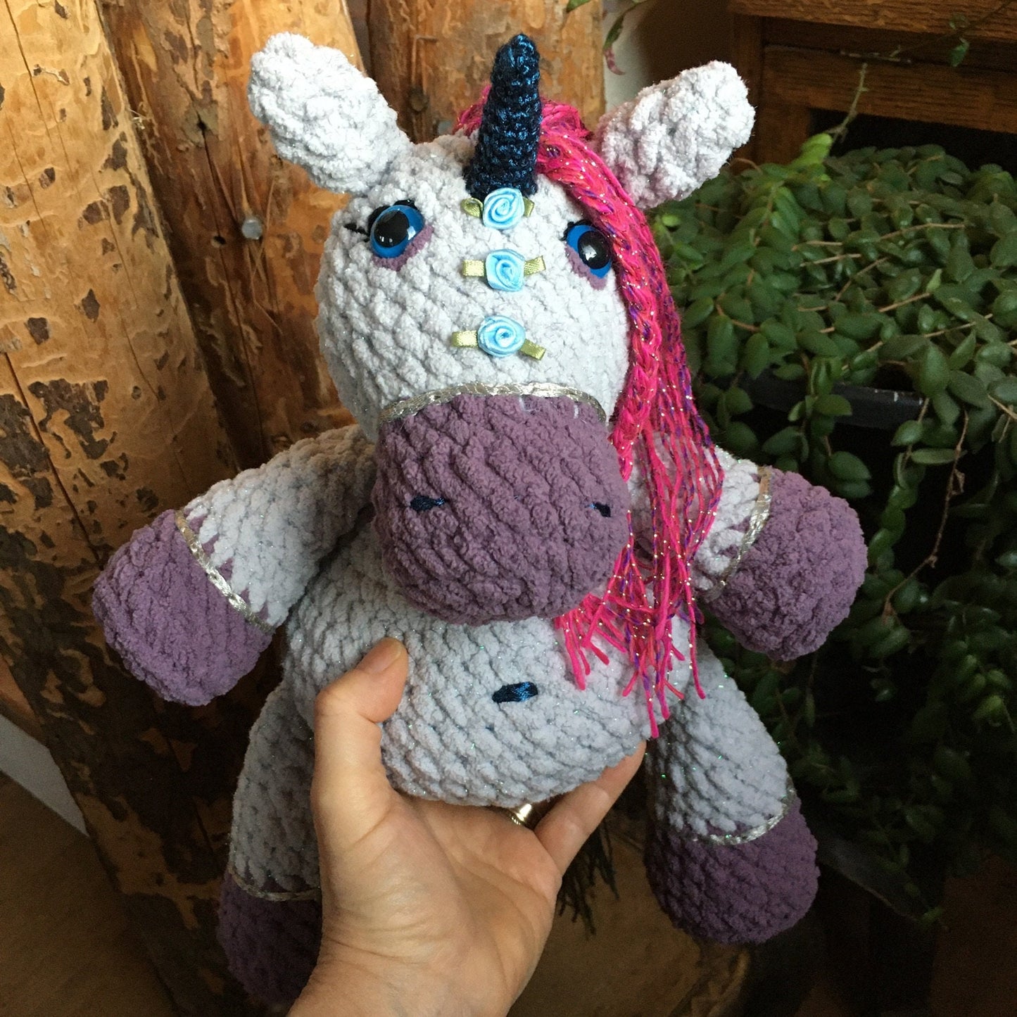 TESSA, THE BLING-BLING UNICORN TO BE HOODED in shimmering gray and mauve colors, very girly unique gift, Can be personalized as a BIRTH plushies.