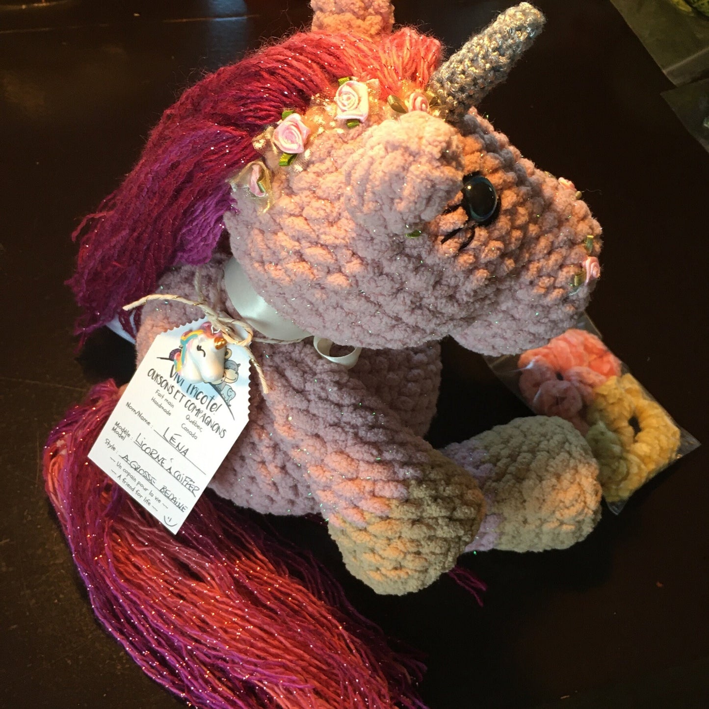 Léna the bling-bling unicorn to style in pink and beige scintillating colors, a very girly unique gift, can be personalized in doggies