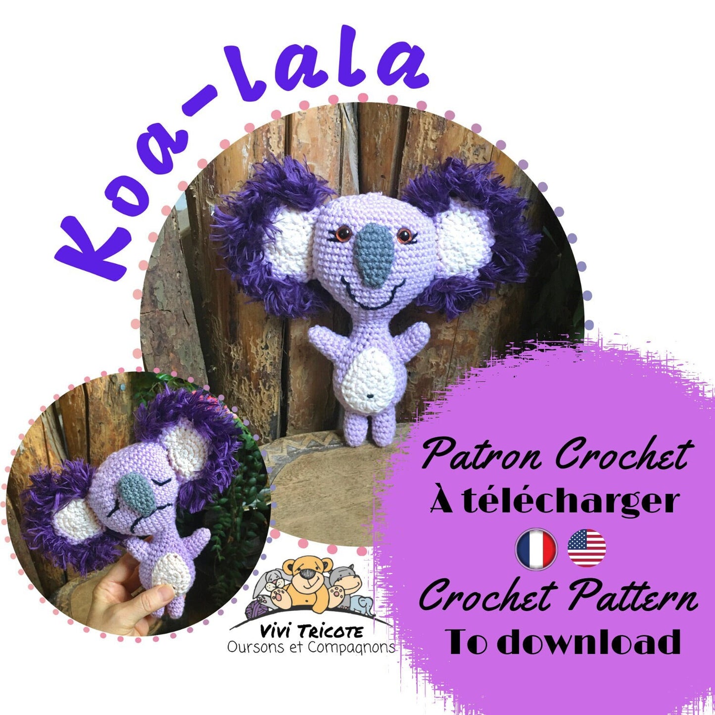 LE KOA-LALA, Patron au crochet à télécharger, PDF Français et Anglais, un p’tit koala aux 2 visages… un côté joyeux et un côté plus triste.