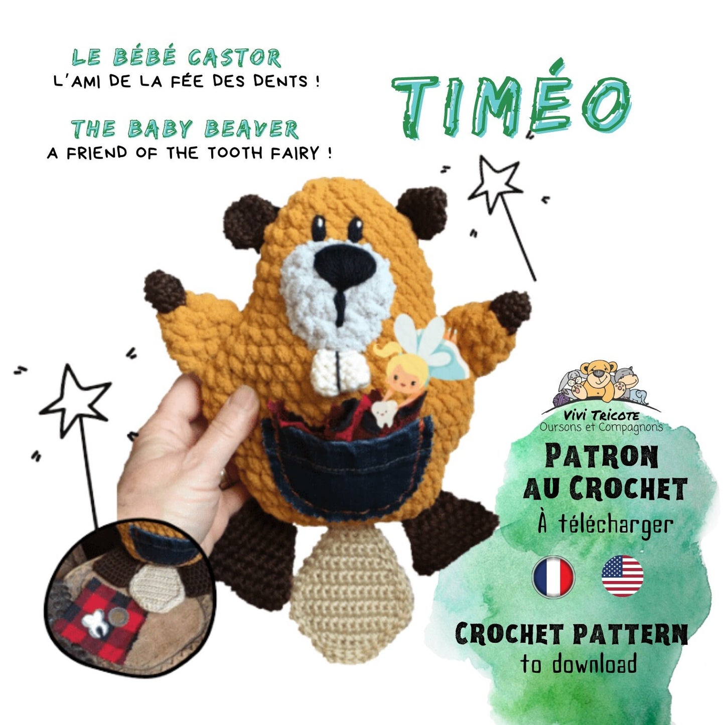 TIMÉO le bébé castor, Patron au crochet à télécharger, PDF français et anglais