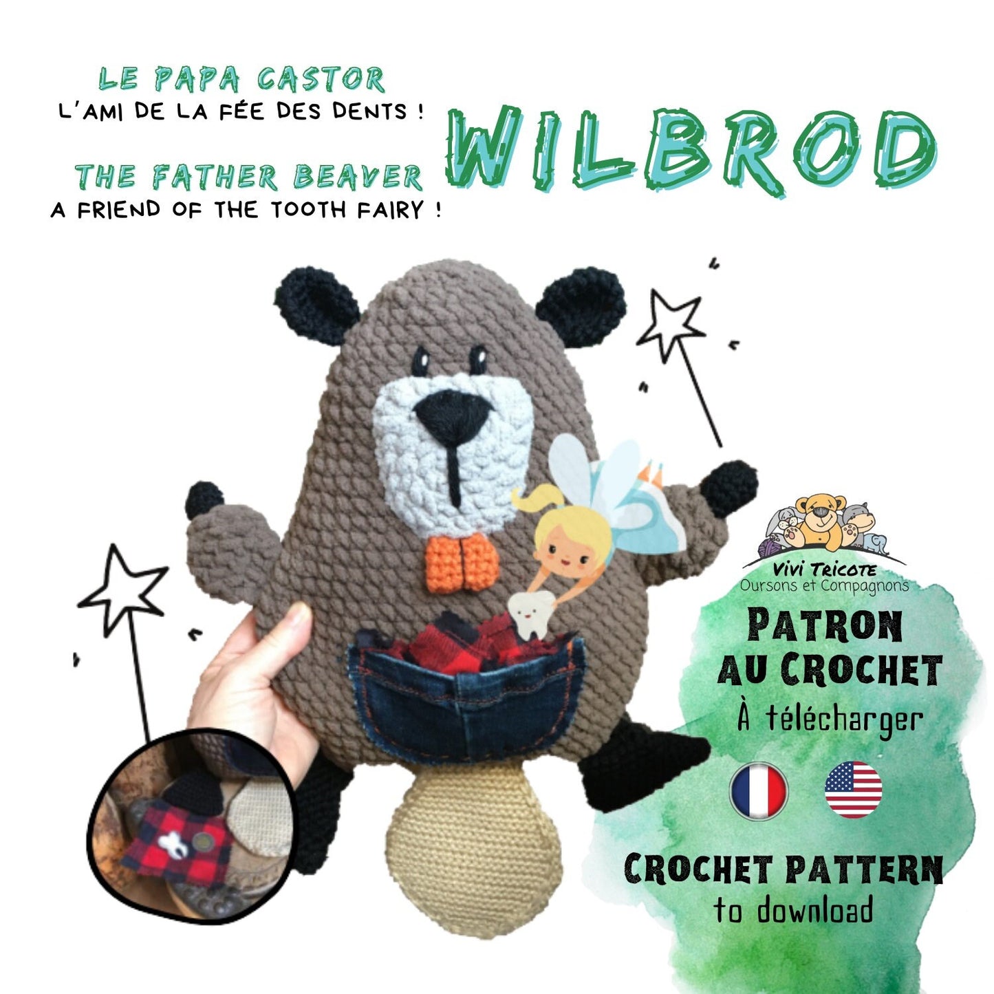 Wilbrod Le Papa Castor, crochet pattern to download, French and English PDF