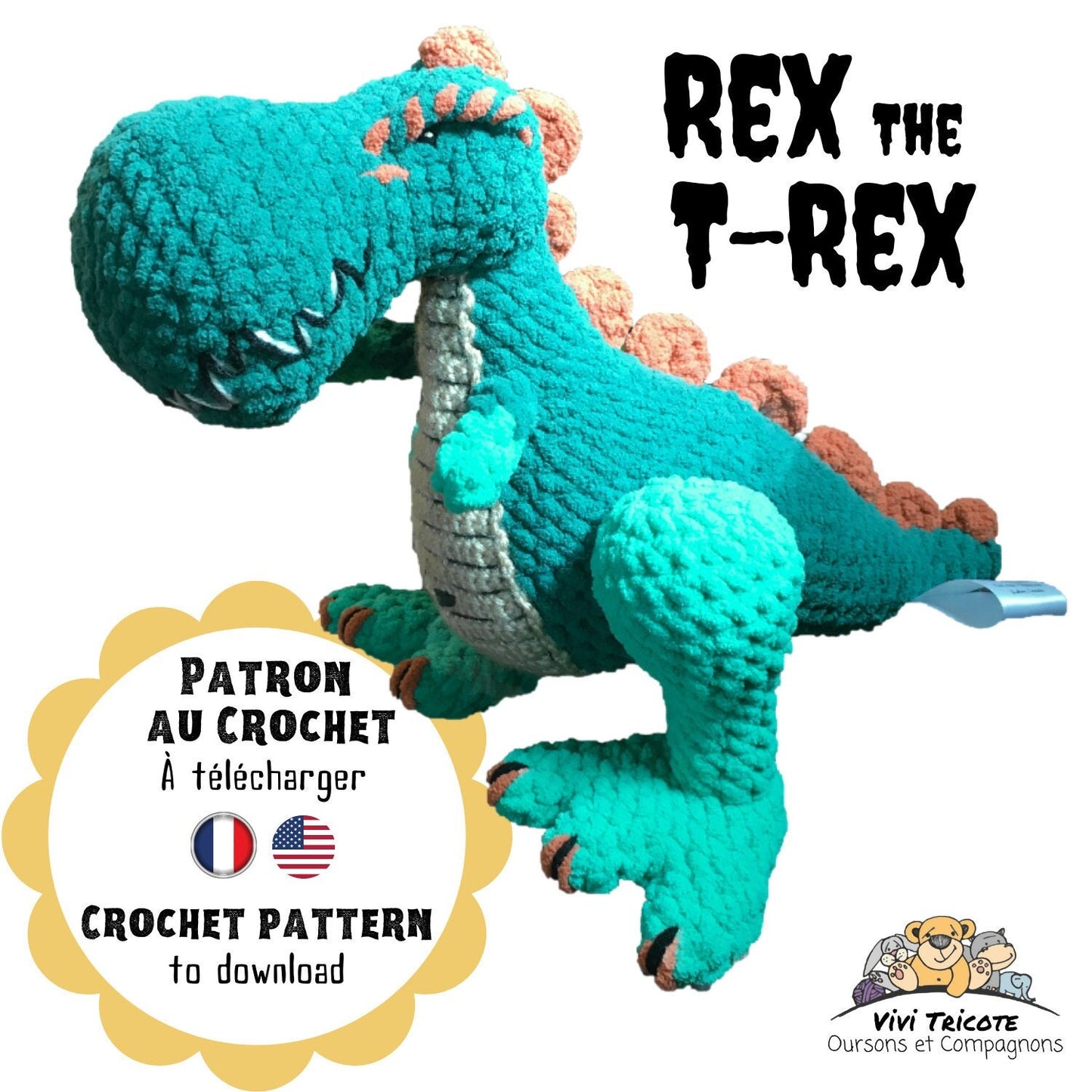 Rex Le T-Rex, crochet boss to download, French and English PDF