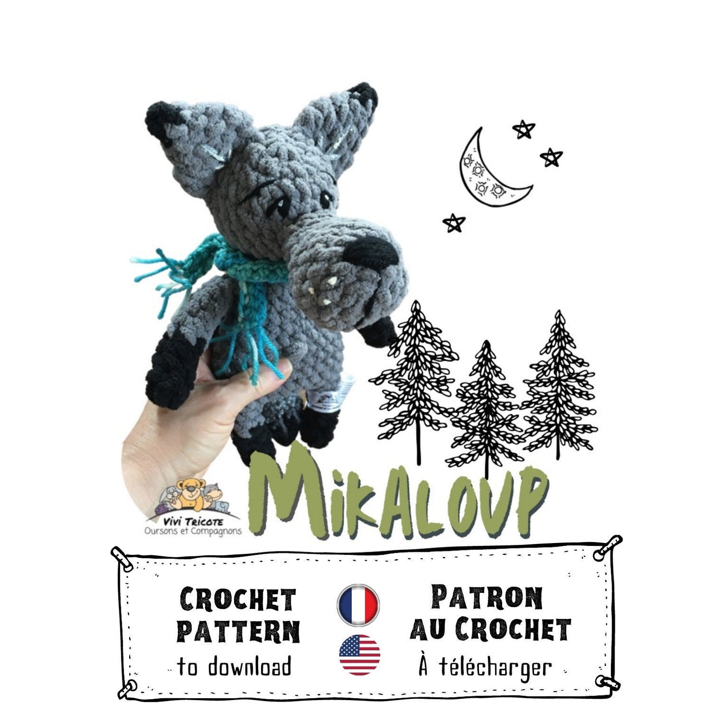 Mikaloup Le Petit Loup, crochet boss to download, French and English PDF