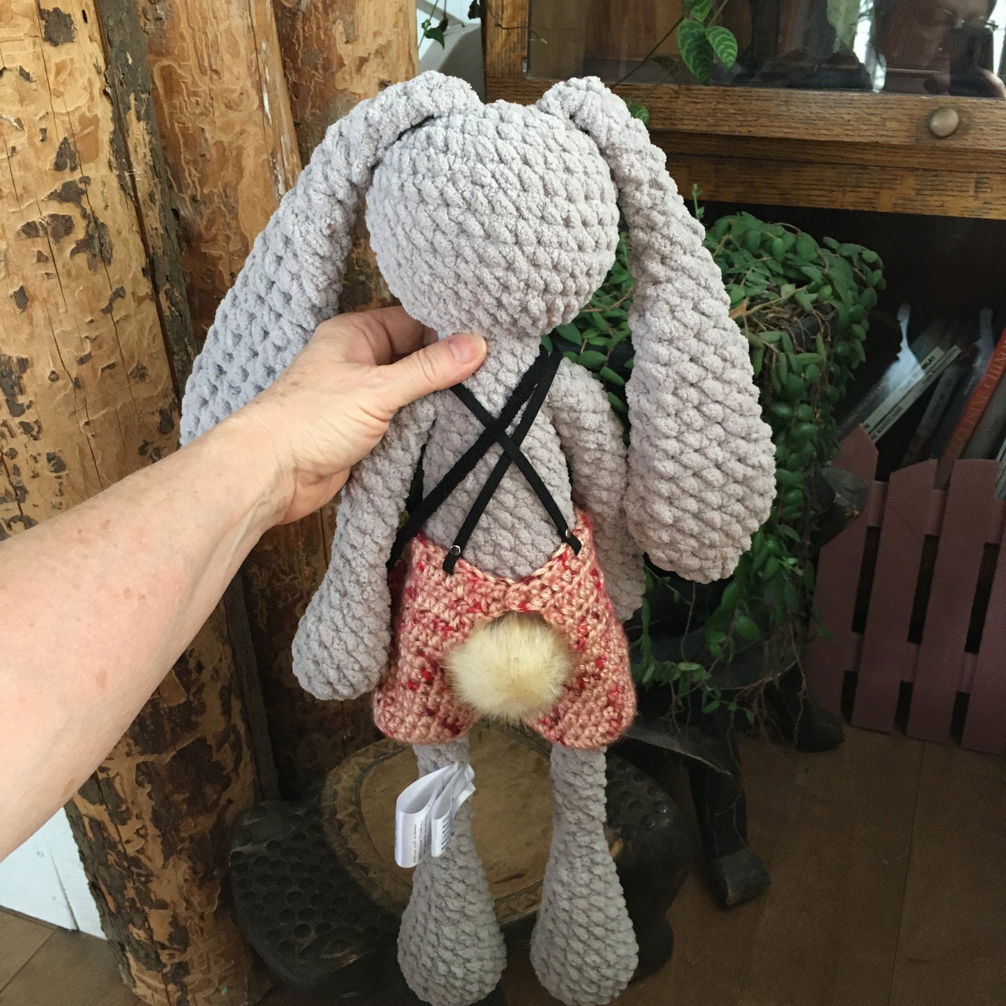 The CULOTTED RABBIT,  all-grey with long legs and its little strawberry slung over the shoulder, Can be personalized as a BIRTH PLUSHIE