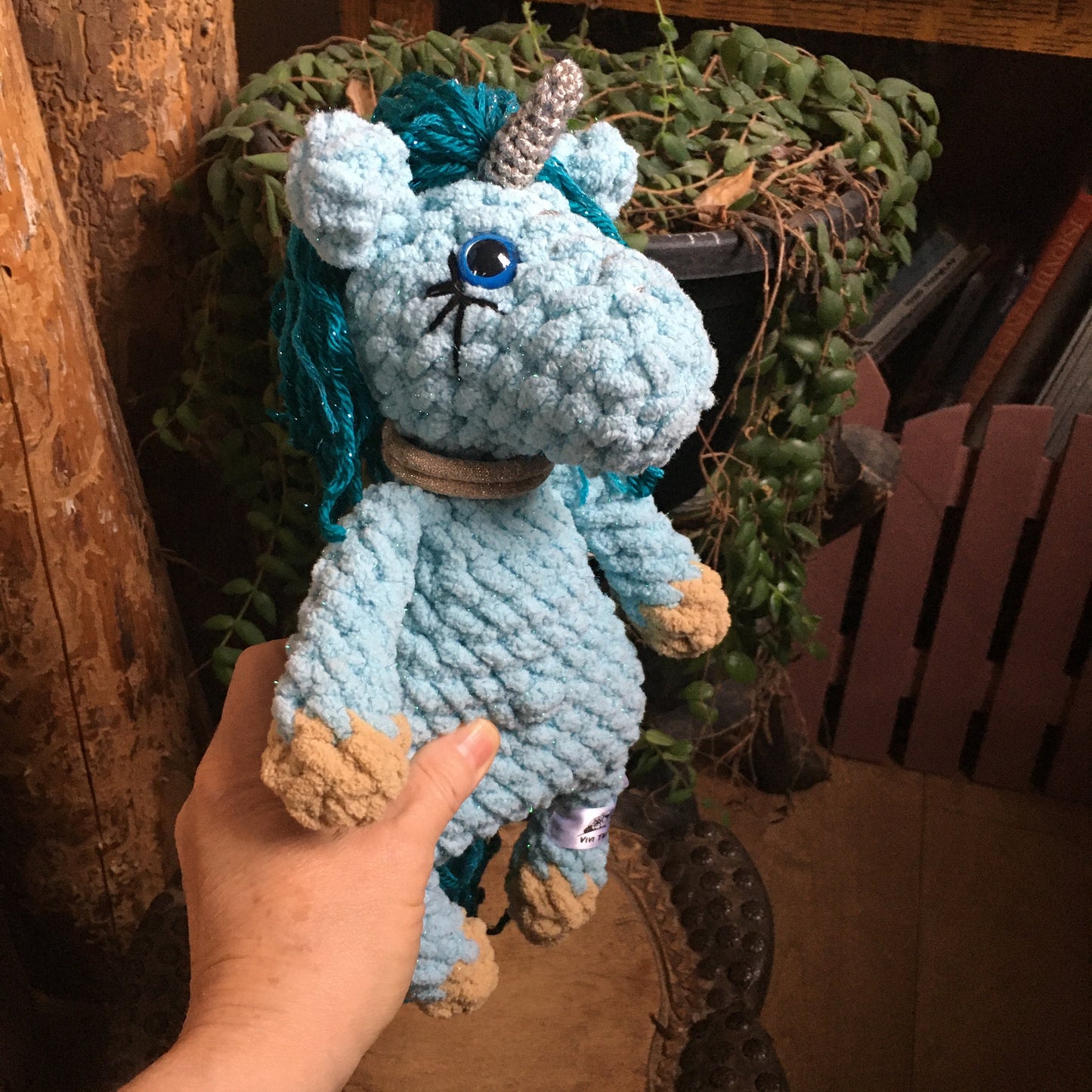 The little hair unicorn in aqua colors, plush with crochet with bling-bling sparkling wire
