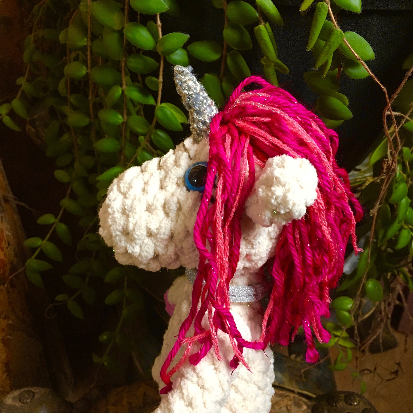 The little hair unicorn in cream and pink colors, handmade plush with sparkling wire bling-bling