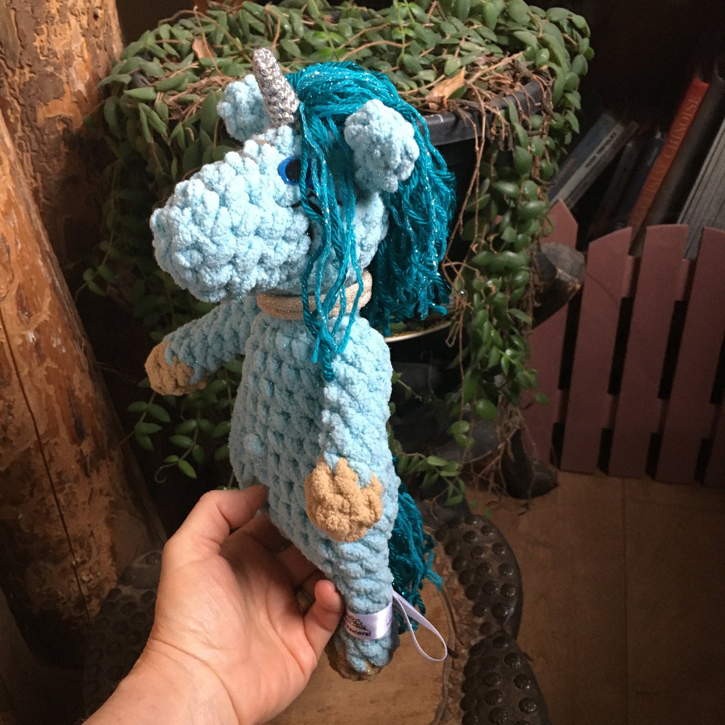 The little hair unicorn in aqua colors, plush with crochet with bling-bling sparkling wire