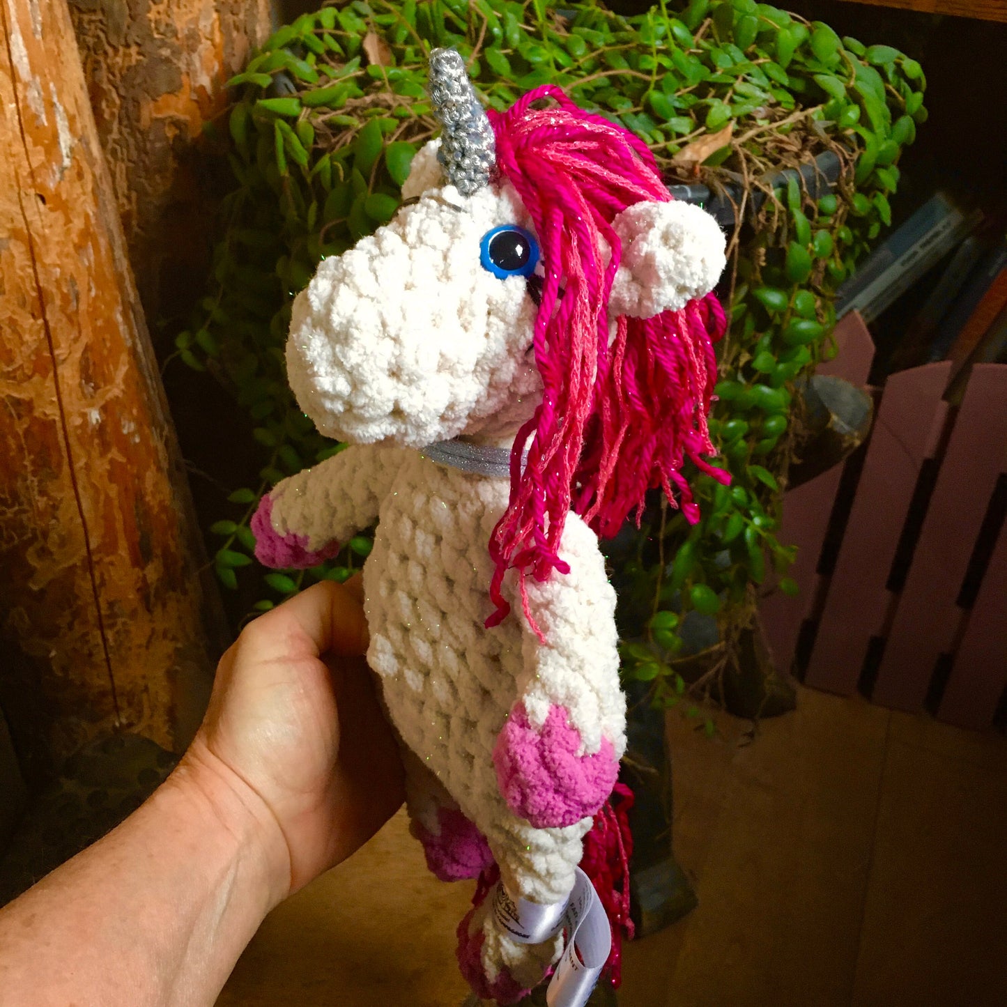 The little hair unicorn in cream and pink colors, handmade plush with sparkling wire bling-bling