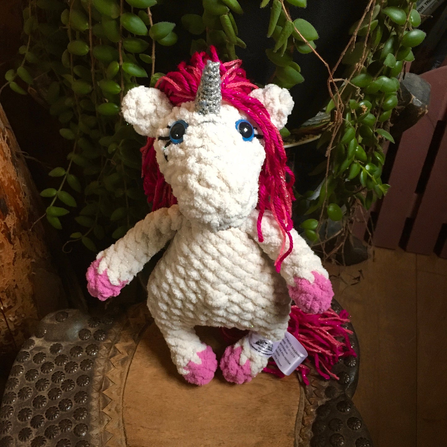 The little hair unicorn in cream and pink colors, handmade plush with sparkling wire bling-bling