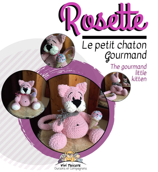 ROSETTE LE CHATON GOURMAND, Patron au crochet à télécharger, PDF Français et Anglais