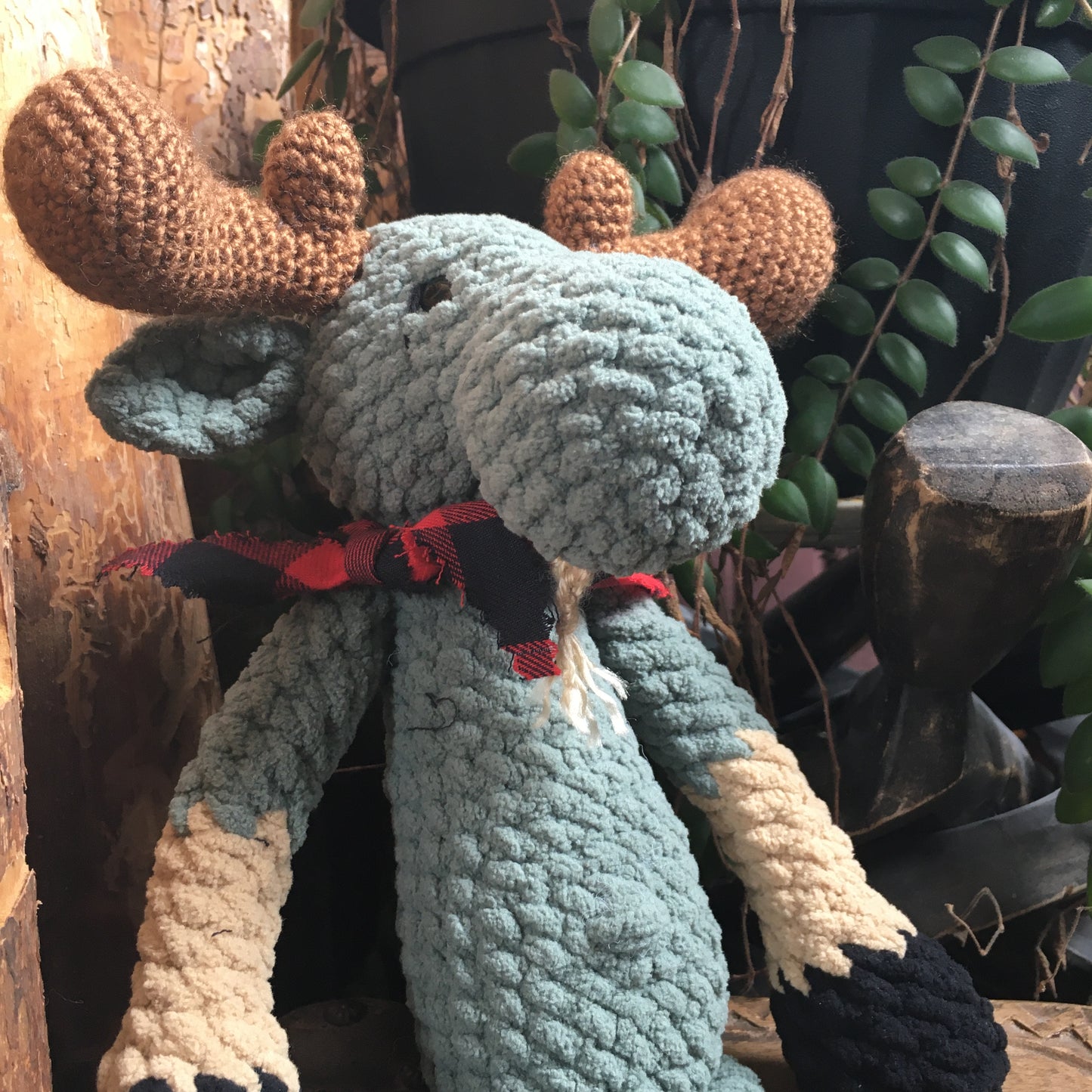 Jack the MOOMOOSE (NONORIGNAL) smoked green color, with safe eyes, lumberjack style moose soft toy, Can be personalized in BIRTH plushies