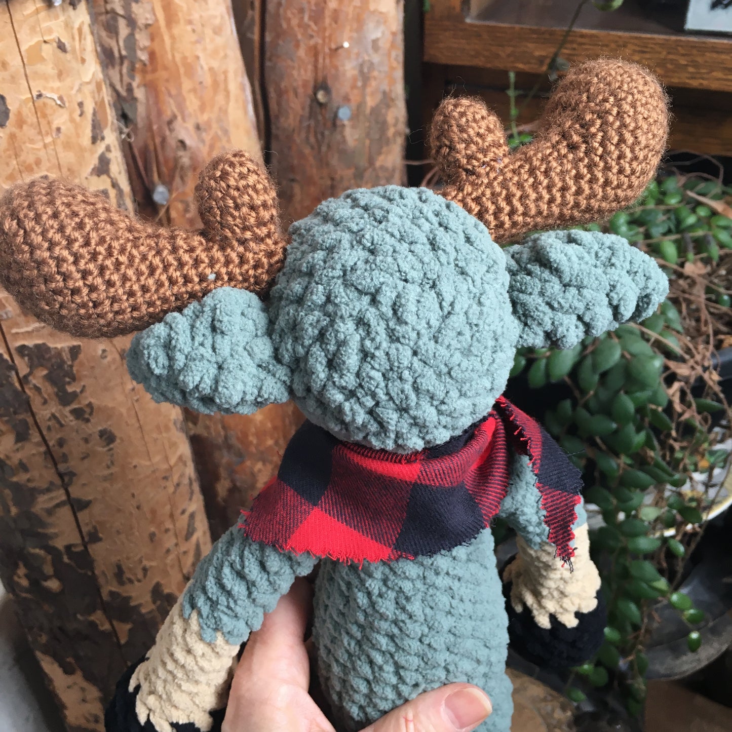 Jack the MOOMOOSE (NONORIGNAL) smoked green color, with safe eyes, lumberjack style moose soft toy, Can be personalized in BIRTH plushies